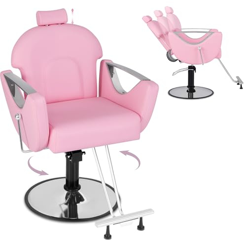 RELAX4LIFE Fauteuil Coiffure Inclinable | Chaise de Barbier Pivotante | Hauteur Réglable | Appuie-Tête Amovible | Repose-Pieds | Fauteuil Coiffeur Pro pour Salon de Coiffure Barbershop, Rose