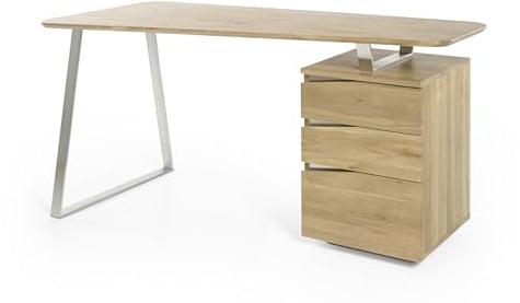 Robas Lund, Schreibtisch/Computertisch Tori, Asteiche massiv, Natur geölt, Gestell Edelstahloptik gebürstet, Container mit 3 Schubladen, B/H/T: 150/76/67 cm