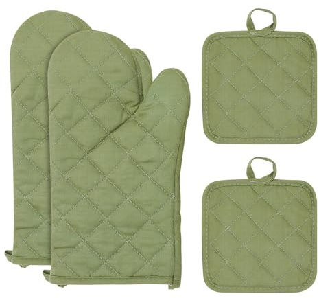 4Pcs Oven Mitts and Pot Holders Sets, Cotton Extra Long Oven Mitts and Hot Pads Sets, Heat Resistant Oven Gloves with Hot Pads for Cooking Grilling Kitchen Baking Grill BBQ Microwave (Army Green)
