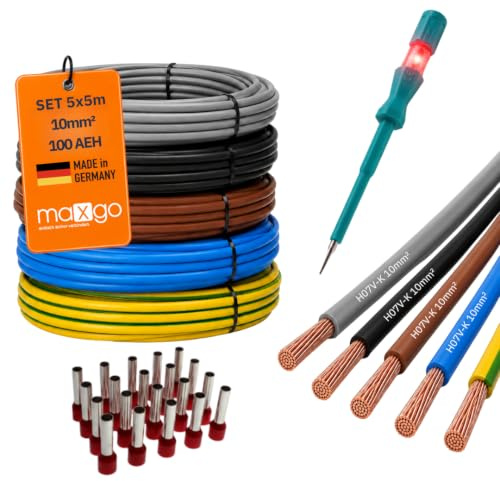 Verdrahtungssatz 10mm² H07V-K Aderleitung flexibel Set 5x5m inkl. 100x Aderendhülsen Verdrahtungsleitung ideal für Zählerplatz, Erdungskabel & Verdrahtungsbrücken