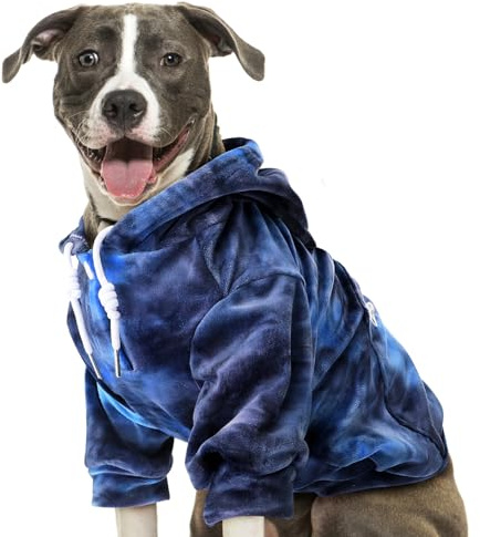 Eyein Kapuzenpullover für Hunde, Weiches und warmes Flanell-Material | Hundehoodie mit Reißverschlusstasche und Leinenöffnung, Hundebekleidung für Frühling Herbst Winter (Blau-Grau Batike, 3XL)