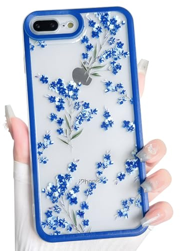 NITITOP Compatible with iPhone 7 Plus / 8 Plus Case Clear Cute Flower Floral Branch Design for Women Girls Color Frame Transparent Slim Soft TPU Shockproof Protective Cover - Blue