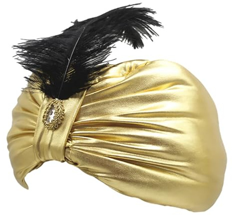 Generisch Turban Hut - Goldener Sultan Kopfschmuck Mit Feder & Edelstein, Arabischer Kostüm Zubehör, Unisex Karneval Fasching Mütze, Glänzender Satin Stoff | Für Damen Herren (Gold)