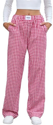 InfiniZer Pyjamahose Damen Lang aus 100% Baumwolle - Karierte Schlafanzughose mit Weichem Elastischen Bund, Weiten Beinen & Praktischen Taschen | Perfekte Lounge Hose für Wohlfühlabende