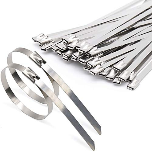 4.6 * 200mm Metal Cable Ties, 304 Stainless Steel Cable Ties Heavy Duty, Metal Tie Wraps Self Locking for Exhaust Wrap, Fencing, Pipes, Auto Repair, Gardening, Farm 50 PCS