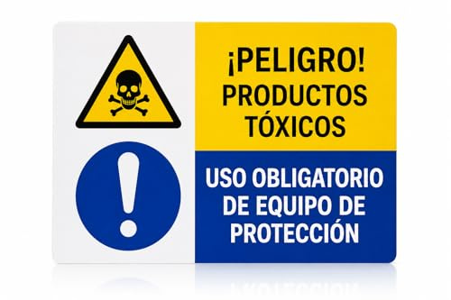 Becral® Señal Combinada ¡PELIGRO! PRODUCTOS TÓXICOS + Uso Obligatorio de Equipo de Protección 300x200 mm | Adhesivo de Vinilo Seguridad Laboral PRL