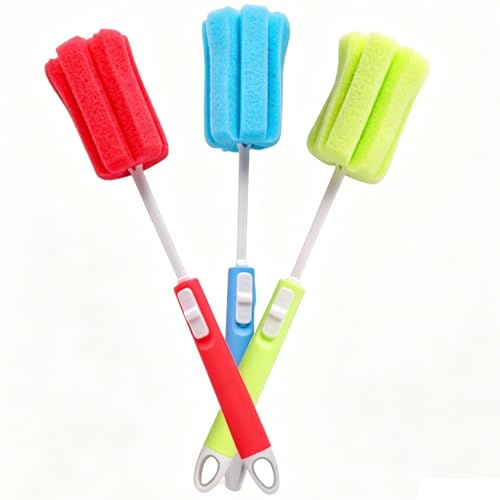 3-Piece Dish Sponge with Handle, Soft Washing Up Brush Set for Cups Mugs Kettles Wine Glasses Baby Bottles, Kitchen Cleaning Scrubber, Blue Green Red