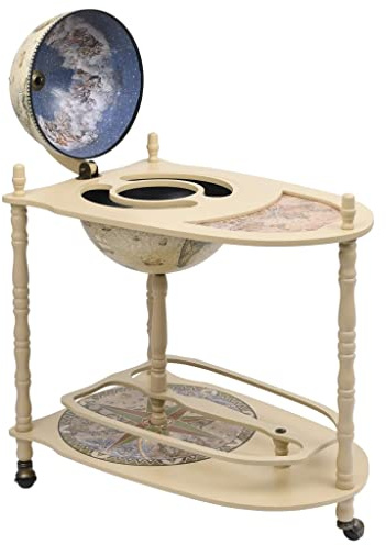 Molumvel Globus-Barwagen mit Rollen, Minibar aus Eukalyptusholz, Getränkeschrank mit nautischer Karte und Renaissance-Design, 70x45x88 cm