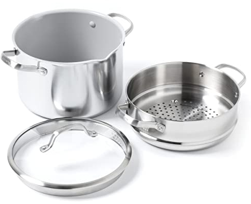 GreenPan Venice Pro Tri-Ply Stainless Steel Healthy Ceramic NonStick 24cm/7.6 L Multipurpose Boiler Stockpot with Steamer/Strainer Insert & Glass Lid, PFAS Free,Induction & Oven Safe,Silver
