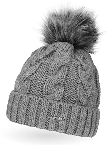 Neverless Damen Strick-Mütze gefüttert mit Fell-Bommel, Kunstfell, Winter-Mütze, Bommelmütze, Hellgrau Unisize