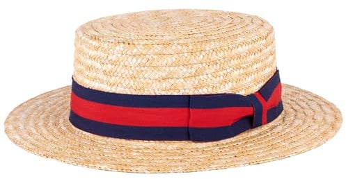 ZAKIRA Classic Straw Boater Hat Handmade from Natural Straw (Navy-Red-Navy Band, XL)