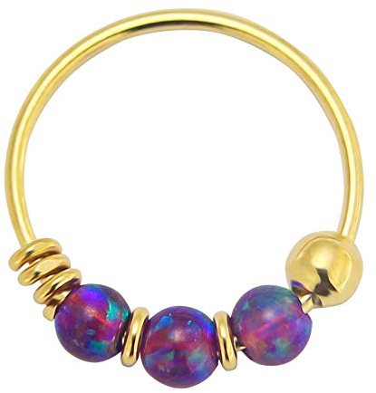 Monster Piercing Goldenes Nasenpiercing Nasenring Septum 9K Gold 22 Gauge mit 3 Opal Perlen Lila Biegbar Durchmesser: 8mm Ringstärke: 22G (0,6 mm) Nase Piercing Hypoallergen