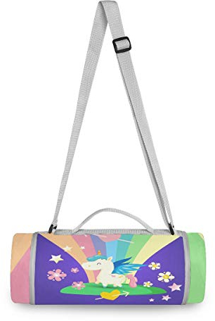 Regenbogen Gänseblümchen Einhorn Picknickdecke wasserdicht Kreative Runde Picknick-Matte Kampierende Strand Yoga Decken Matten im Freien Faltbar Leicht Matte Decke mit Tragegriff (148cm x 148cm)