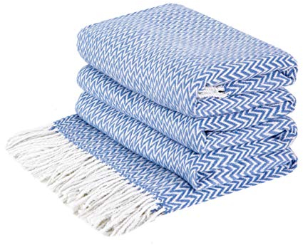 LYHome Baumwolldecke - Tagesdecke Kuscheldecke & Überwurfdecke, Bettdecke Sofadecke Couchdecke & Wohnzimmerdecke, Decken Couch, Baumwolle Plaid Decke Sofa Große 140x200 cm | Hellblau - Weiß Chevron