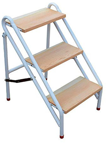 Folding Step Stool 3 Steps Household Step Ladders with Wooden Non Slip Treads Heavy Duty Metal Step Ladder Plant Stands Indoor