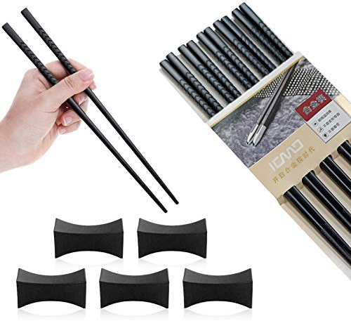 5 Paia Bacchette,Bacchette in lega,Set bacchette lavabili,Bacchette nere in lega,Bacchette nere antiscivolo,Confezione regalo bacchette,Bacchette cinesi in lega,Bacchette in fibra di vetro (A)