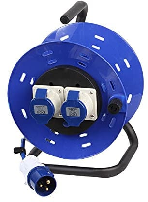 Ex-Pro 2 Gang Open Reel Drum with 50m Extension Cable, 240V 16A, 3 Pin Hook Up EN60309 Plug Socket for Caravan Site Camping Motorhome Marina, Blue