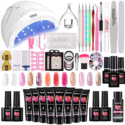 TopDirect Kit Ongle Gel UV Complet, 8 Couleurs 15 ml Gel d'Extension pour Ongles avec 48W Lampe + 4 Couleurs Vernis à Ongles Semi Permanent + 100 Faux Ongles + Base Top Coat + Kit de Manucure Débutant