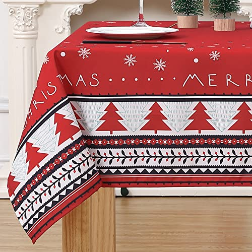 LinTimes Weihnachten Tischdecke Rot Wasserabweisend Tischwäsche Weihnachtsdekoration Wachstuch mit Weihnachtsbaum Tafeltuch Rechteckig 54 x 79 Zoll