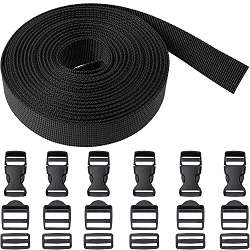 Gurtband Set mit 18 Schnallen, 6 Meter Länge, 20 mm Breite, in Schwarz, Gurt Band aus PET Material, Gurt Riemen Set mit je 6 x 20 mm Steckschnalle, Leiterschnalle, Stegschnalle, Taschengurt DIY Kit