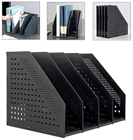 Beruyu Faltbarer Stehsammler, Zeitschriftensammler mit 4 Fächer, Stehsammler Kunststoff für Büro-Organisation und Aufbewahrung, Schreibtisch-Organizer für Schule & Büro (Dunkelgrau)