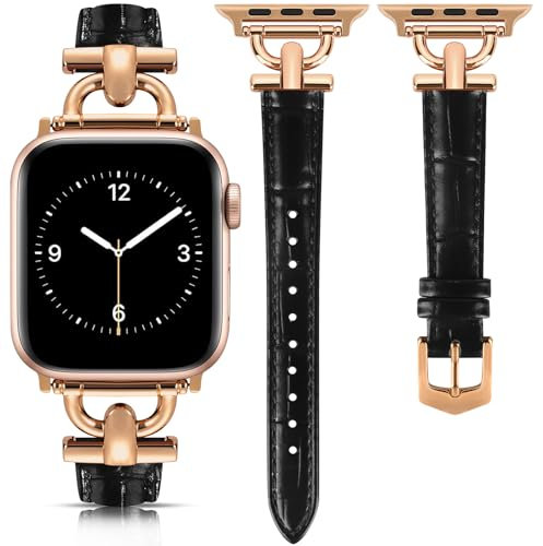 mxiixnai Leather Strap Compatible with Apple Watch Straps 41mm 40mm 42mm 38mm Women, Slim Thin Leather Replacement Strap for iWatch Bands Series 10 9 8 7 6 5 4 3 2 1 SE,Black/Rose Gold