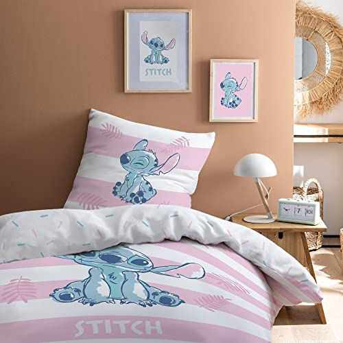 Disney Stitch Stripe Parure de Lit Enfant | 100% Coton | OEKO-TEX | Housse de couette 140x200cm + Taie d'oreiller 63x63cm | Imprimé Fille | Rose, Blanc
