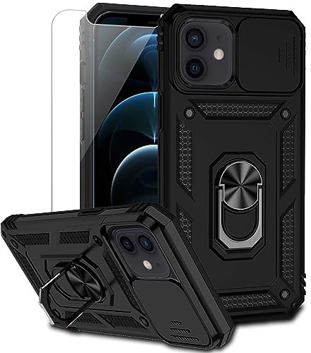 Case for iPhone 12 Mini Protective Phone Case Black | with Camera Lens Cover, HD Screen Protector, Dual Layer, Military Grade Drop Protection, Magnetic Ring Holder, Kickstand, 5.4 inch