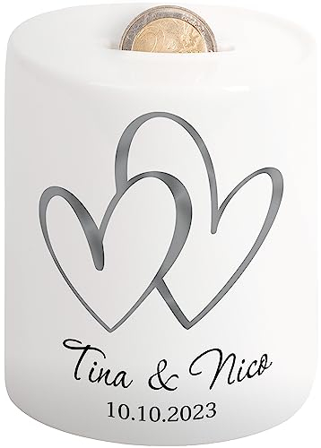 Hochzeitsgeschenke für Brautpaar - Hochzeits-Spardose „Zwei Herzen“ mit Namen und Datum - Verpackung Geldgeschenk Hochzeit Geld-Geschenk Hochzeit personalisiert | Hochzeitstag Sparschwein (Silber)