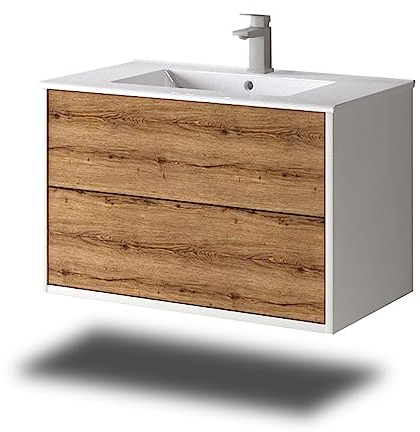 Stil.Zeit Evelia Badmöbel inkl. Waschbecken | Waschtisch mit Unterschrank 80.5 cm | Weiß/Dekor Eiche Sonoma| Push-to-Open/hängend