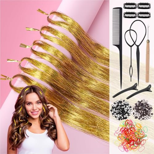 Huiguli Hair Tinsel 120cm, Glitzer Haarsträhne zum Flechten, 1100 Strähnen Lametta Haarverlängerung mit Werkzeug, Glänzend Tinsel Hair Extensions Kinder, Bunte Haarsträhnen für Festival Party #Gold