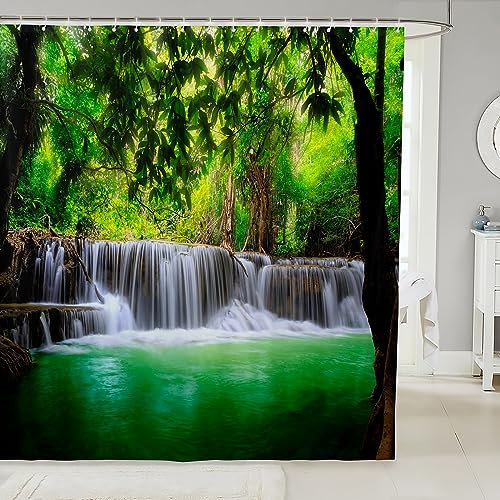 Loussiesd Tenda da doccia con lago verde, 180 x 240 cm, impermeabile, con cascata nella foresta, tenda da doccia in tessuto impermeabile, con ganci