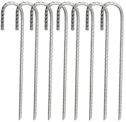 Ground Stakes Heavy Duty Tent Pegs 8 Pack, Galvanised Steel Tent Stakes Camping Pegs Rebar, J Hooks Ground Anchor for Camping Tent Trampoline Football Net Canopies Gazebos Garden Swing Set