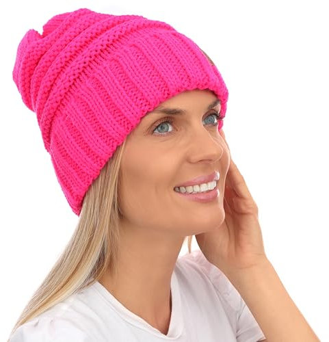 Mikos* Winter Herbst Damen Mütze Wintermütze, Strickmütze Beaniemütze für Mädchen, Street Style Beanie, Weicher Klassische Grobstrick Wintermützen Einheitsgröße 709 (Neon Rosa)