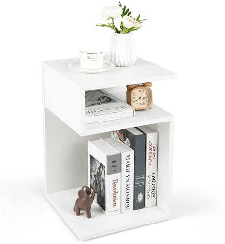 COSTWAY Table d’Appoint, Bout de Canapé de Salon en Forme ‘S’ avec 2 Casiers Ouverts, 3 Étagères Design Géométrique Compacte, Blanc, pour Salon, Chambre (1,Blanc)