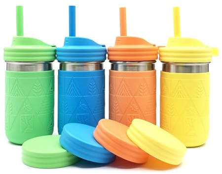 Elk and Friends 14oz Stainless Steel Kids + Toddler Drinking Cups | The Original Mason Jars with Lids + Sleeves + Straws | Smoothie Cups | Spill Resistant | Dishwasher Safe | 4 Pack