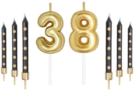Schwarz Gold 38th Geburtstag Kerzen, Gold Zahl 38 Kerzen für Kuchen, Mädchen Jungen 38th Geburtstag Dekorationen, Schwarze Kerzen, Black Gold Kerzen Kuchen Topper für Geburtstag Party Dekor Hochzeit