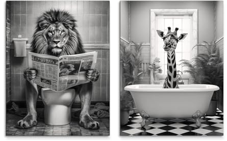 Leinwandbilder Set Fun 2x 32x42 cm (AUFHÄNGFERTIG) - Löwe auf Toilette und Giraffe in Badewanne - Lustige Badezimmerdekoration - Schwarzweiß Schwarzweiss Schwarz Weiß