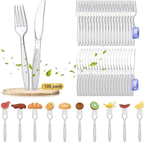 100 Stück Plastikbesteck Set,Plastikgabeln,Messer,Party Besteck Plastik,Plastik Messer Mehrweg,Robust partygeschirr,Party Besteck für Familienfeiern