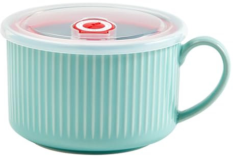 Jarsense Soup Bowl with Handle, 1000ml Ramen Bowl with Lid, Ceramic Portable Cereal Noodle Bowl Microwave Breakfast Salad Bowls, Blue