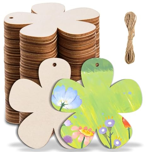 ENLACE Holzblumen, 20 Stück Holz Blumen Scheiben mit Schnur, 7,5 cm Holzblumen zum Bemalen, Naturholzscheiben zum Basteln, für DIY Handwerk Scrapbooking Weihnachtsbaum Anhänger