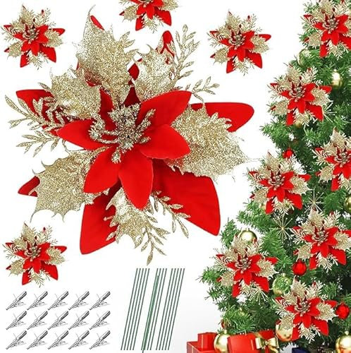DERAYEE 12pc Weihnachten Glitter Weihnachtsstern Blumen rot künstliche Weihnachten Blumen mit Clips und Stiele für Weihnachtsbaum Ornamente Home Decoration (Rot)