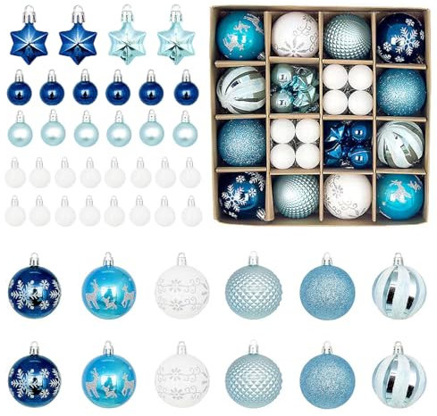 Set di palline di Natale in plastica, 44 pezzi, 3-6 cm, decorazioni per albero di Natale con gancio, infrangibili, decorazioni per albero di Natale, colore blu e bianco