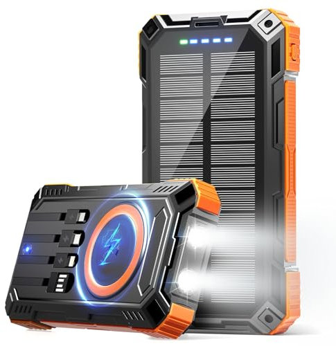Power Bank - Cargador solar inalámbrico USB-C de 49800 mAh, carga rápida con 4 cables integrados, linterna LED, compatible con iPhone, iPad, Galaxy, perfecto para camping, senderismo