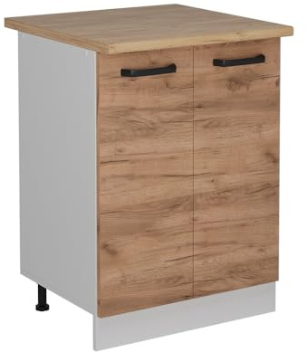 Vicco Küchenunterschrank R-Line, Goldkraft Eiche, 60 cm | 2 Türen · Arbeitsplatte Eiche · Höhenverst. Füße · 1 Einlegeboden · ✓ Frei kombinierbar