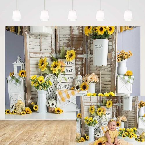 MEHOFOND 8x6ft Spring Sunflower Retro Wooden Birthday Portrait Backdrops Props for Photography Rustic Baby Shower Summer You are My Sunshine Wedding Party Background Banner Photo Studio