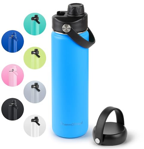 ThermoProof Double-Walled Vacuum Insulated Stainless Steel Water Bottle - Wide Mouth with Chug & Spout Lids, Dishwasher Safe, Reusable, Leakproof, Hot & Cold for Men, Women & Kids - 22oz, Light Blue