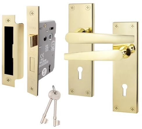 EAI Polished Brass Door Handle Key Lock Set | 1 Pair Internal Keylock Handles with Lock (64mm) | Straight Pattern