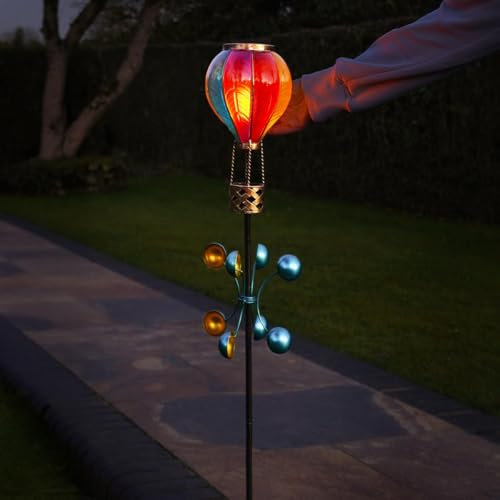 Festive Lights - 1.15m Rainbow Solar Hot Air Balloon Wind Spinner Stake Light - 20 Amber LED, Flickering Flame Effect, Weather-Resistant - IP44 Outdoor Garden Ornament with Sturdy Double Ground Base