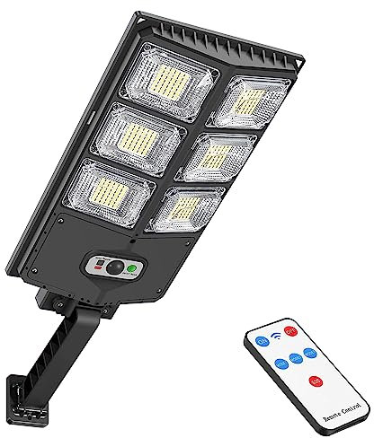 PEAKRO Lampadaire solaire à LED extérieur 252 LED 150 W avec panneau solaire et capteur de mouvement, IP65 imperméable lampe lampadaire de jardin avec télécommande pour route Garage